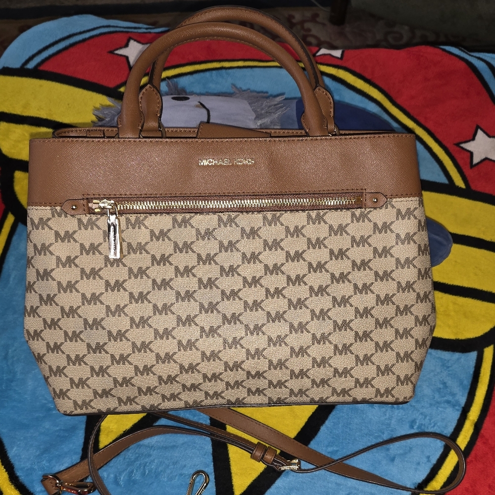 Michael Kors Tan Logo-Print Satchel with Crossbody Strap